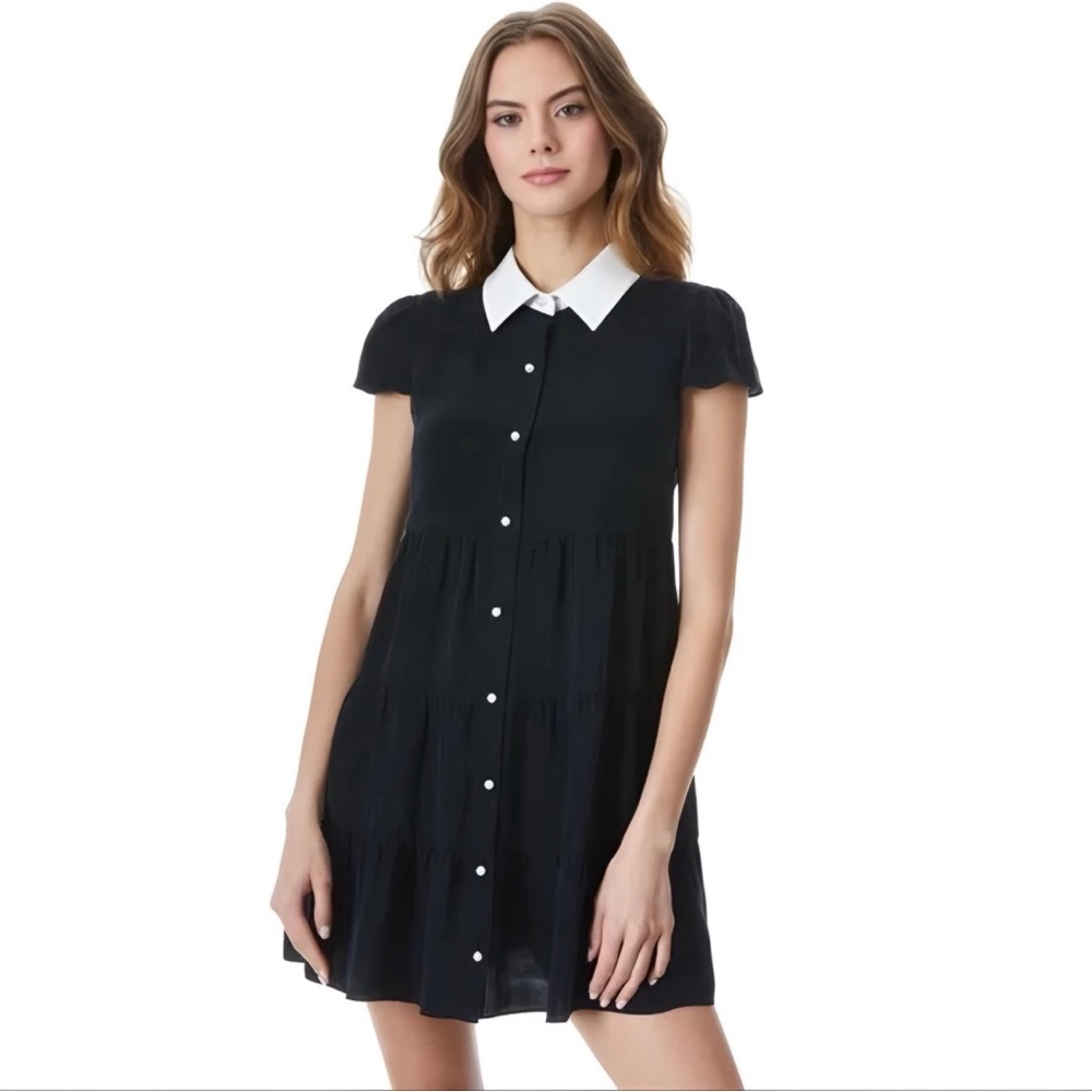 Alice & Olivia Dress Black White Leather Collar Lined Pearl Buttons Size Small 0